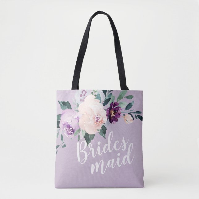 Personalized romantic purple floral bridesmaid tote bag (Front)
