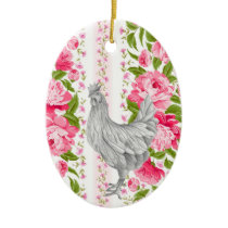 Personalized Rooster and Pink Flowers Chicken Farm Ceramic Ornament