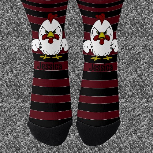 Personalized Rooster on Crimson and Black Stripes Socks