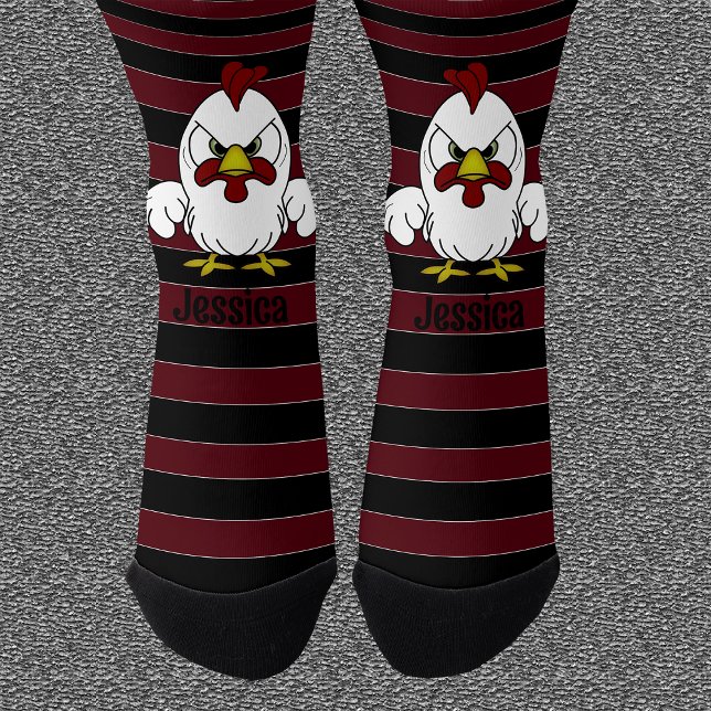 Personalized Rooster on Crimson and Black Stripes Socks (Creator Uploaded)