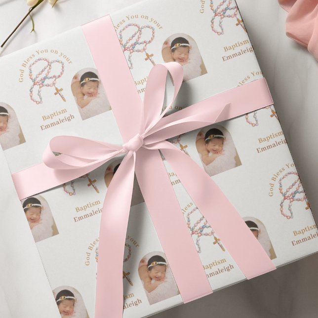 Personalized Rosary Beads Baptism Photo Catholic Wrapping Paper (Creator Uploaded)
