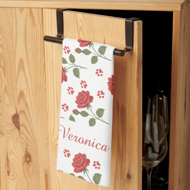 Personalized Rose and Paw Print Kitchen Towel  (Thirds Fold)