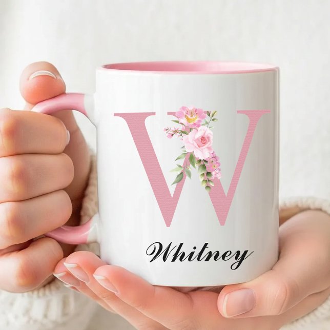 Personalized Rose Floral Mug Birthday Gift for Her (Rose Monogram Mug Bridal Shower Gift for Her, Floral Pink Mug Bridesmaid Proposal Gift for Her)