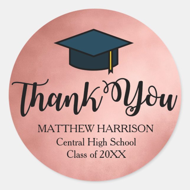 Personalized Rose Gold Black Thank You Graduation Classic Round Sticker (Front)