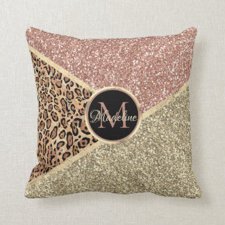 Personalized Rose Gold Blush Glitter Leopard Throw Pillow