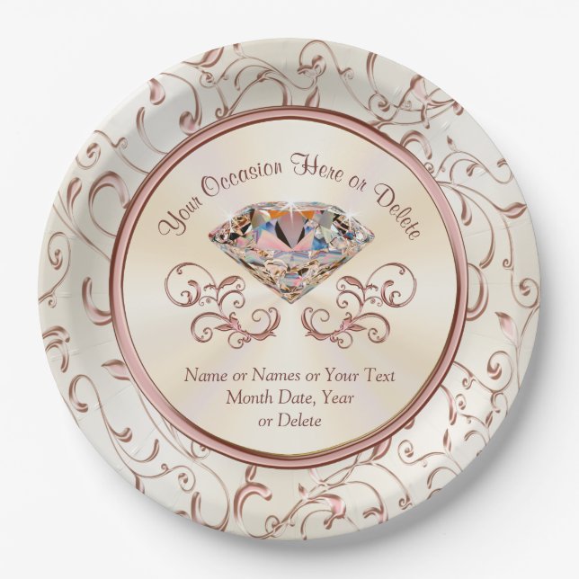 Personalized Rose Gold Diamond Paper Plates (Front)