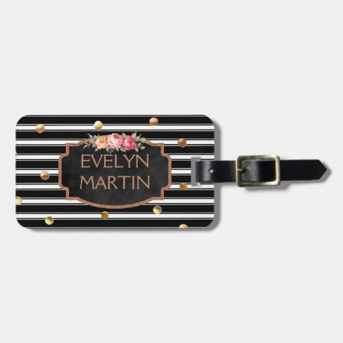 Personalized Rose Gold Dots  Chalkboard Stripes Luggage Tag