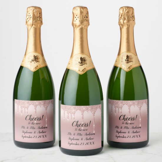 Personalized Rose Gold Dripping Glitter Champagne Label