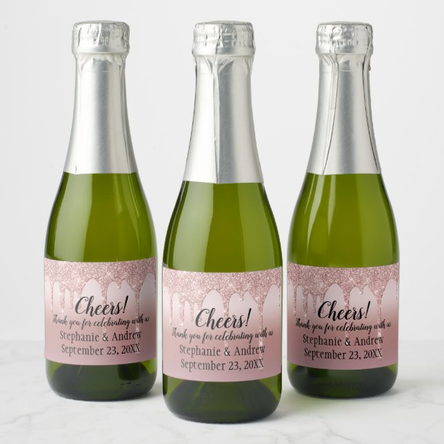 Personalized Rose Gold Dripping Glitter Mini Sparkling Wine Label (Bottles)