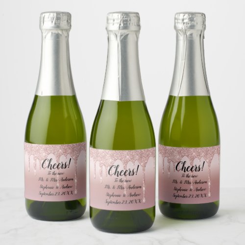 Personalized Rose Gold Dripping Glitter Mini Sparkling Wine Label