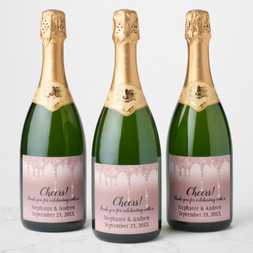Personalized Rose Gold Dripping Glitter  Sparkling Wine Label