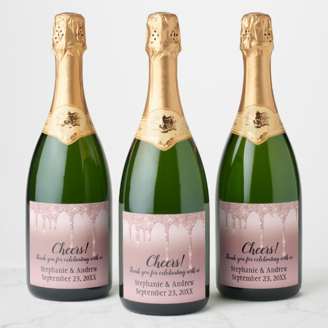 Personalized Rose Gold Dripping Glitter  Sparkling Wine Label (Bottles)