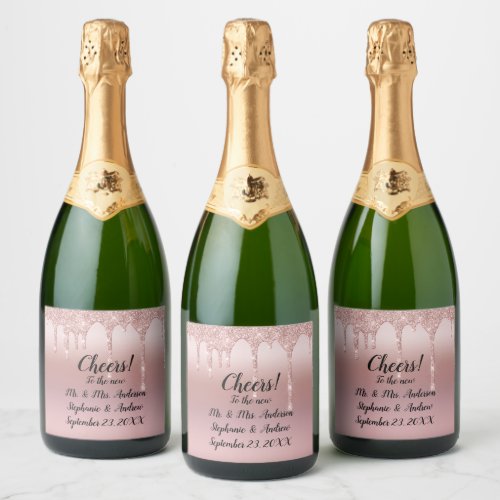 Personalized Rose Gold Dripping Glitter Sparkling Wine Label