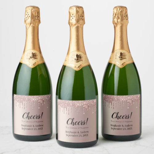 Personalized Rose Gold Dripping Glitter Wedding Ch Sparkling Wine Label