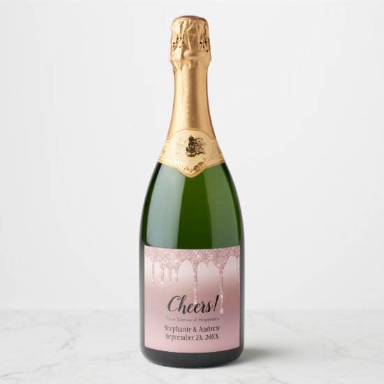 Personalized Rose Gold Dripping Glitter Wedding Champagne Label