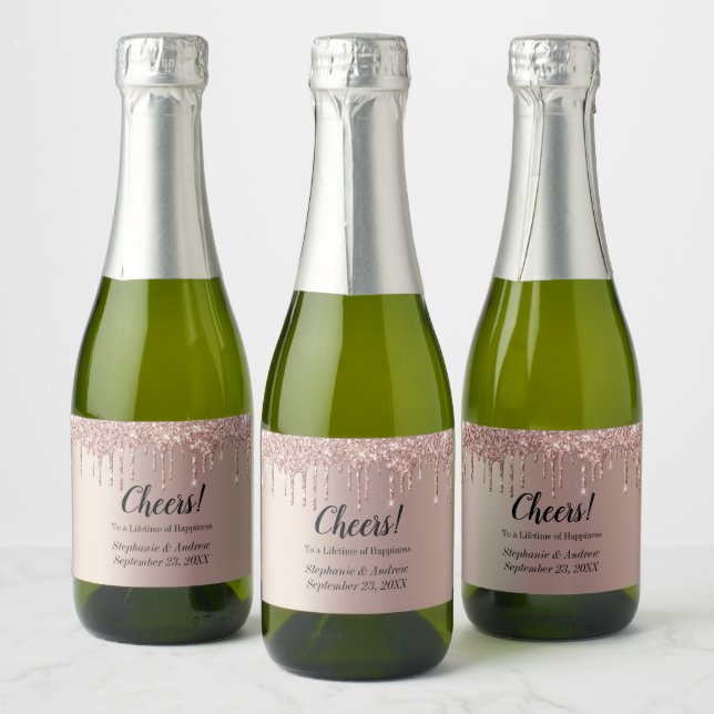 Personalized Rose Gold Dripping Glitter Wedding  Sparkling Wine Label (Bottles)