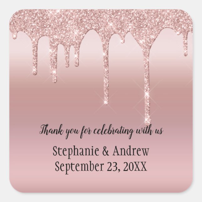 Personalized Rose Gold Dripping Glitter Wedding  Square Sticker (Front)
