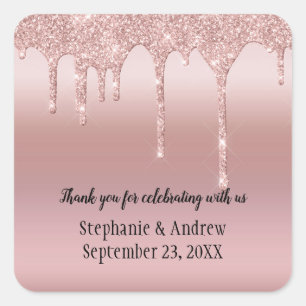 Personalized Rose Gold Dripping Glitter Wedding Square Sticker