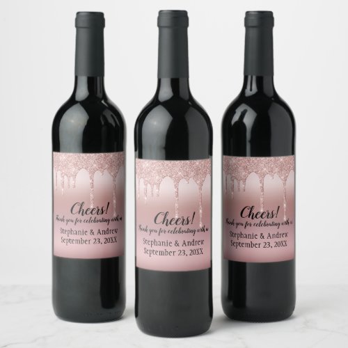 Personalized Rose Gold Dripping Glitter Wedding Wine Label