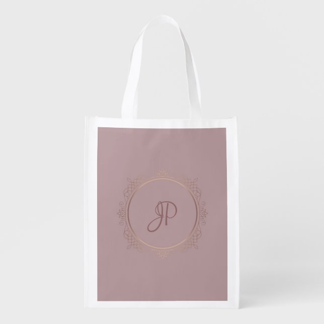 Personalized Rose Gold Elegant Monogram Template Grocery Bag (Front)