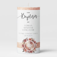 Personalized Rose Gold Floral Girl Baptism Pillar Candle