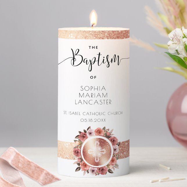 Personalized Rose Gold Floral Girl Baptism Pillar Candle (Creator Uploaded)