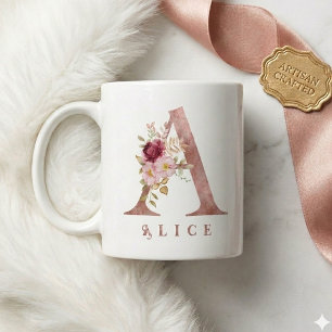 Personalized Rose Gold Floral Letter A Monogram Coffee Mug