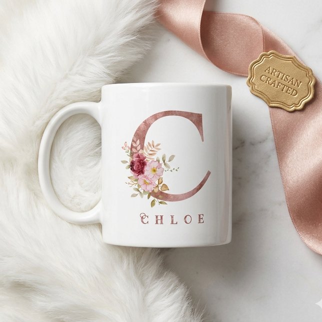 Personalized Rose Gold Floral Letter C Monogram Coffee Mug (Creator Uploaded)