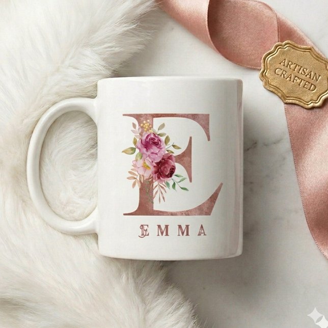 Personalized Rose Gold Floral Letter E Monogram Coffee Mug (Creator Uploaded)