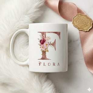 Personalized Rose Gold Floral Letter F Monogram Coffee Mug