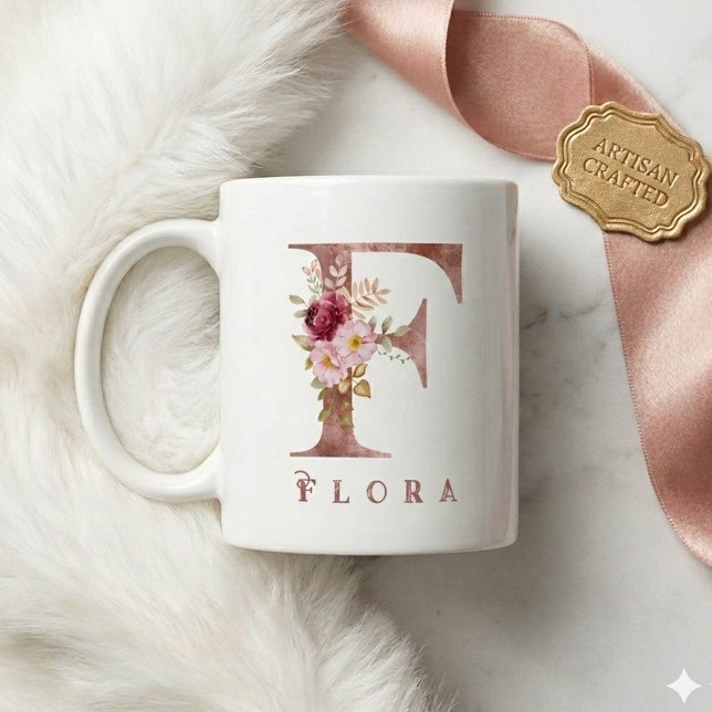 Personalized Rose Gold Floral Letter F Monogram Coffee Mug (Creator Uploaded)