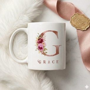 Personalized Rose Gold Floral Letter G Monogram Coffee Mug