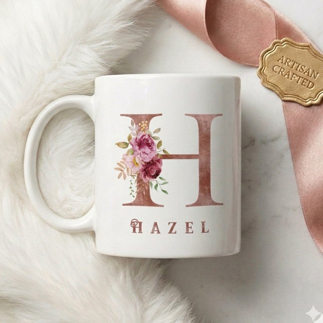 Personalized Rose Gold Floral Letter H Monogram Coffee Mug (Creator Uploaded)