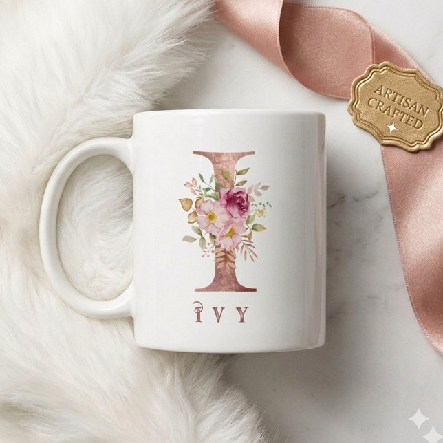 Personalized Rose Gold Floral Letter I Monogram Coffee Mug (Creator Uploaded)