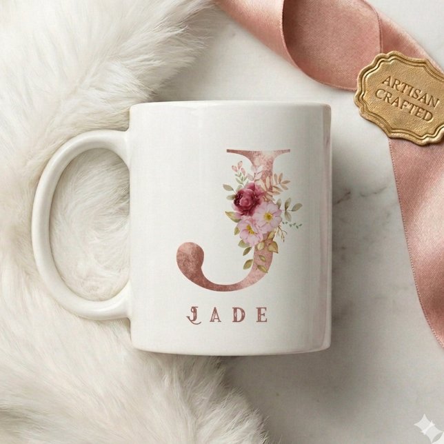 Personalized Rose Gold Floral Letter J Monogram Coffee Mug (Creator Uploaded)