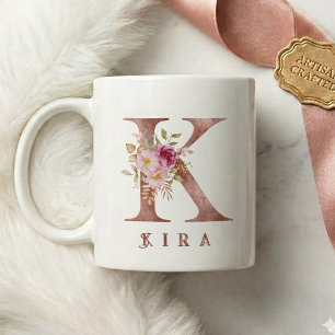 Personalized Rose Gold Floral Letter K Monogram Coffee Mug