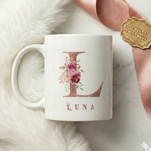 Personalized Rose Gold Floral Letter L Monogram Coffee Mug