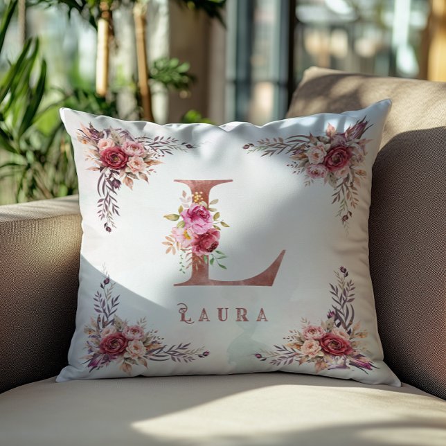 Personalized Rose Gold Floral Letter L Monogram  Throw Pillow (Creator Uploaded)