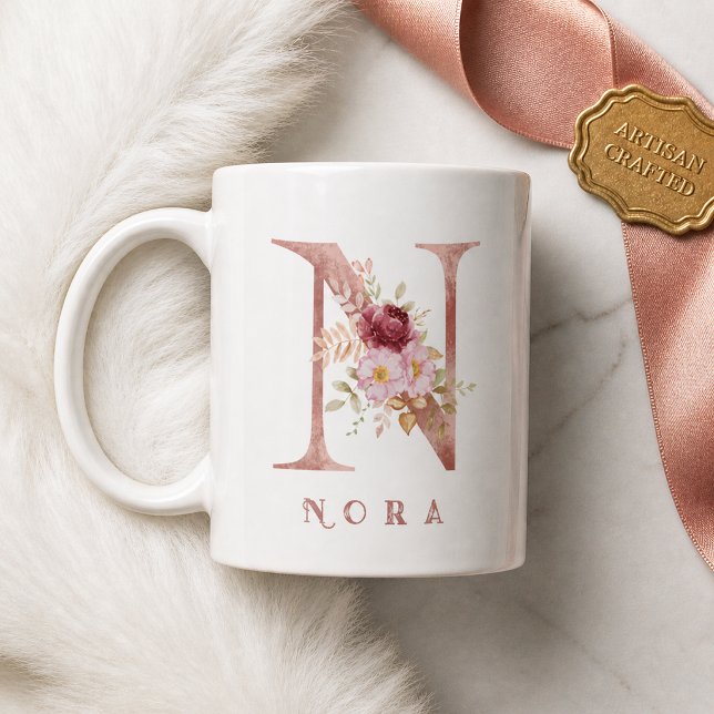 Personalized Rose Gold Floral Letter N Monogram Coffee Mug (Creator Uploaded)