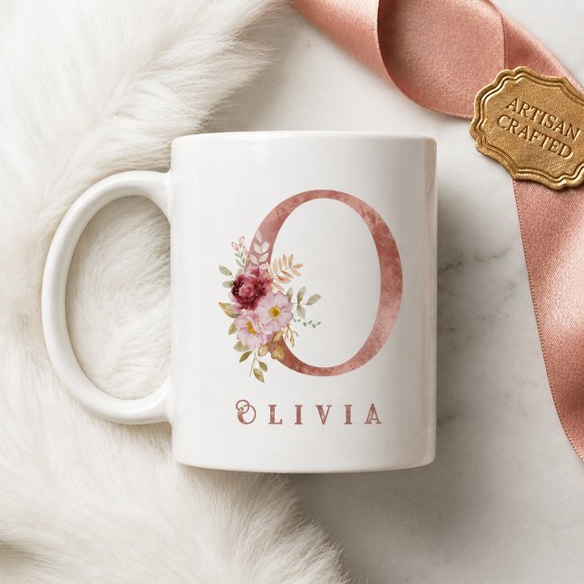 Personalized Rose Gold Floral Letter O Monogram  Coffee Mug (Creator Uploaded)