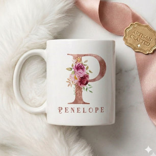 Personalized Rose Gold Floral Letter P Monogram  Coffee Mug
