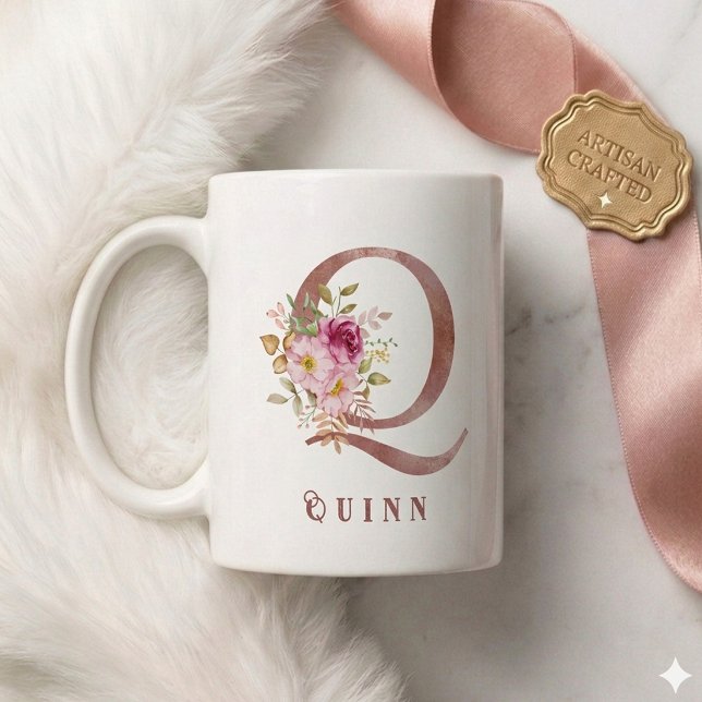 Personalized Rose Gold Floral Letter Q Monogram  Coffee Mug (Creator Uploaded)