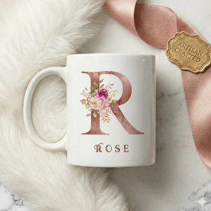 Personalized Rose Gold Floral Letter R Monogram  Coffee Mug