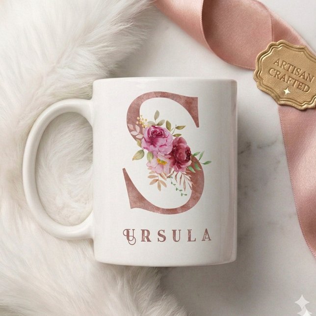 Personalized Rose Gold Floral Letter S Monogram  Coffee Mug (Creator Uploaded)