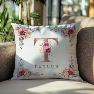 Personalized Rose Gold Floral Letter T Monogram Throw Pillow