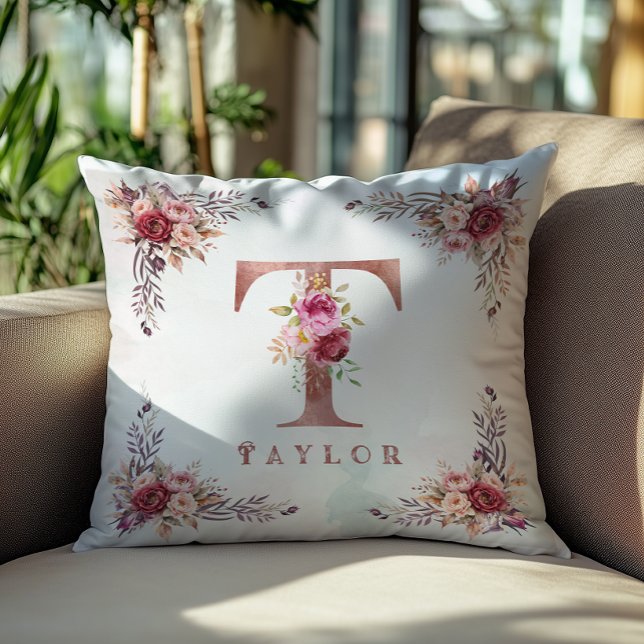 Personalized Rose Gold Floral Letter T Monogram  Throw Pillow (Creator Uploaded)