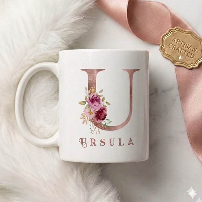 Personalized Rose Gold Floral Letter U Monogram  Coffee Mug (Creator Uploaded)