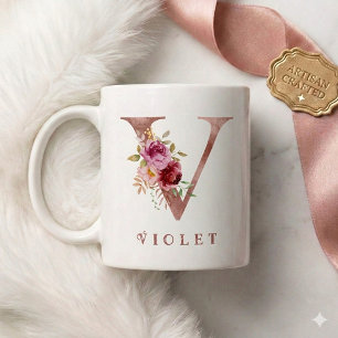 Personalized Rose Gold Floral Letter V Monogram  Coffee Mug