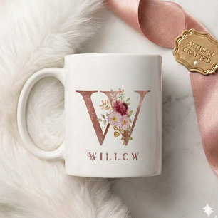 Personalized Rose Gold Floral Letter W Monogram Coffee Mug