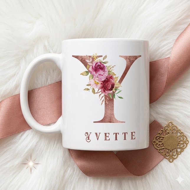 Personalized Rose Gold Floral Letter Y Monogram  Coffee Mug (Creator Uploaded)